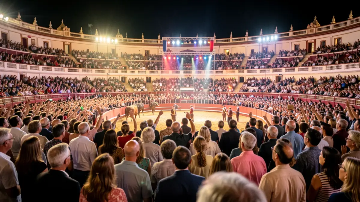 Imagen genérica de una plaza de toros andaluza por la noche, con público y luces de escenario.