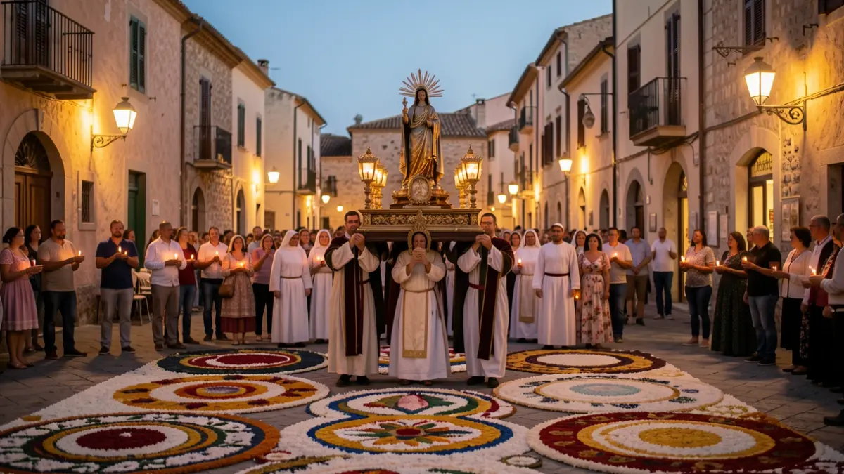 Image of the procession of the Virgen de la Palma in Algeciras, with salt carpets and devotees.