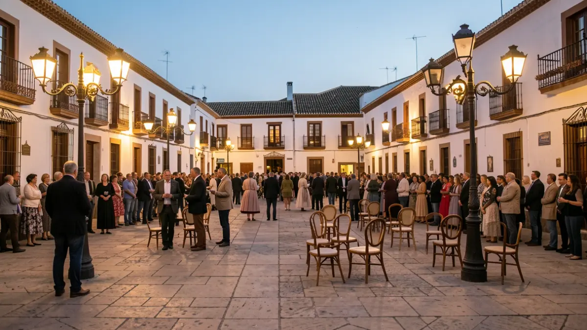 Andalusian town square at dusk with chairs set up for a procession.