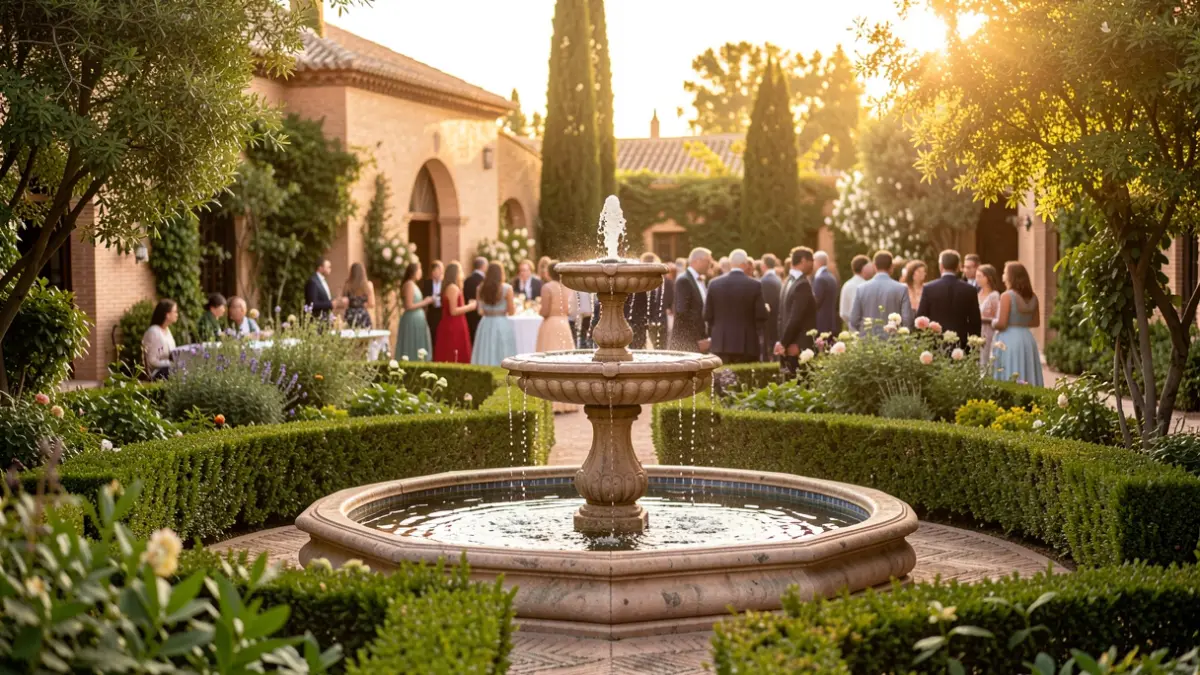 Imagen genérica de un jardín andaluz con una fuente y vegetación, bajo la luz del sol de la tarde.