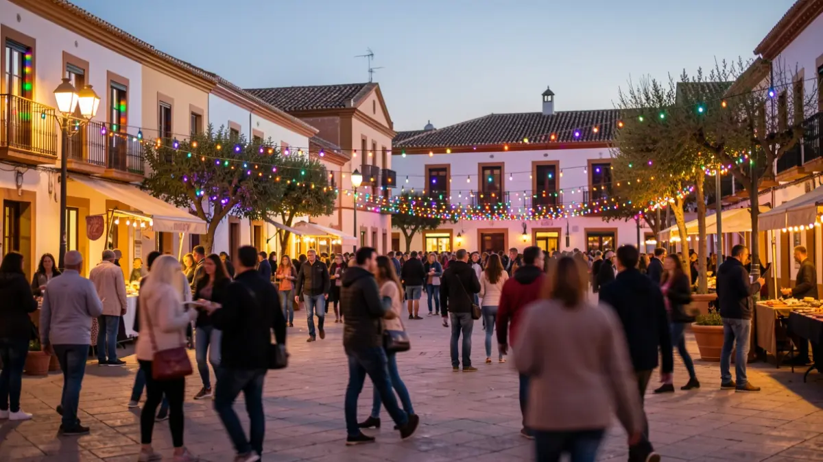 Imagen genérica de una plaza de pueblo andaluz durante una fiesta nocturna.