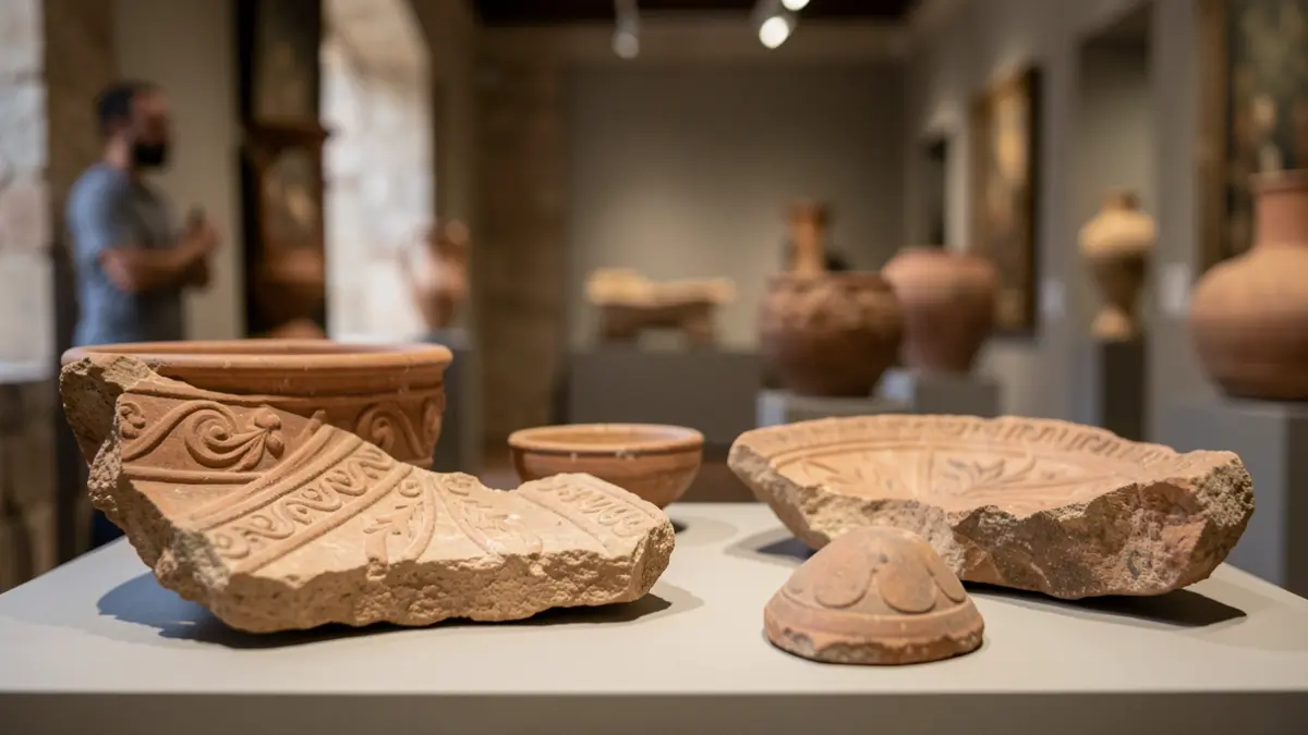 Fragmentos de cerámica íbera y artefactos expuestos en un museo.