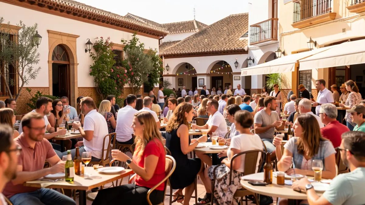Festive atmosphere on a terrace in Almería during the Feria del Mediodía, with people enjoying music and drinks.