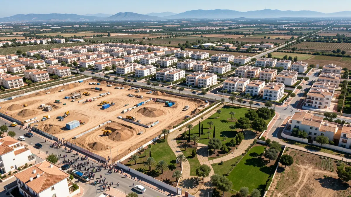 Vista aérea de una zona residencial en construcción en Almería, con edificios nuevos y zonas verdes.