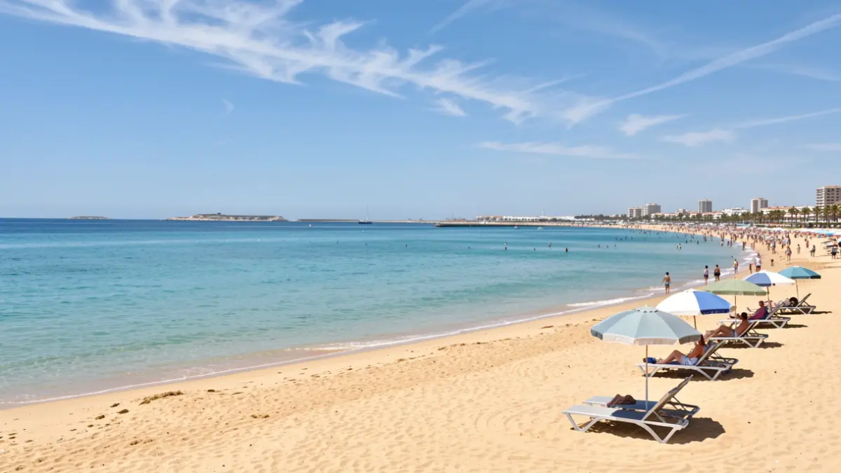Generic image of a clean and well-maintained beach in Almería, with turquoise waters and golden sand.
