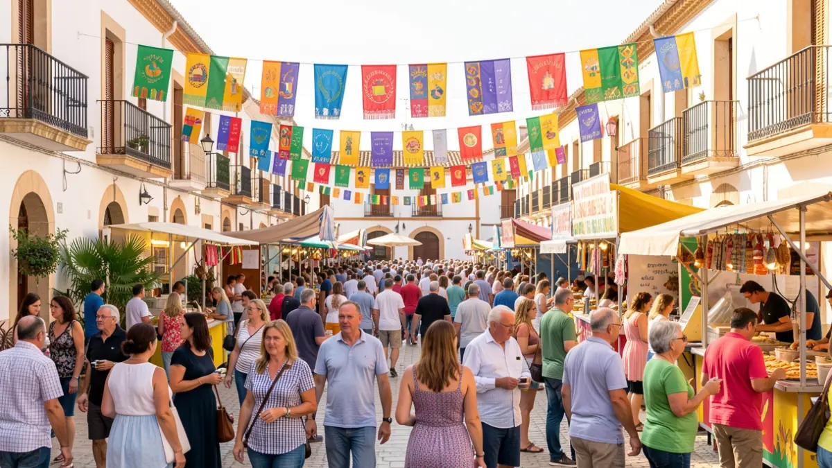 Plaza de Almería llena de gente durante la feria, con ambiente festivo y arquitectura mediterránea.