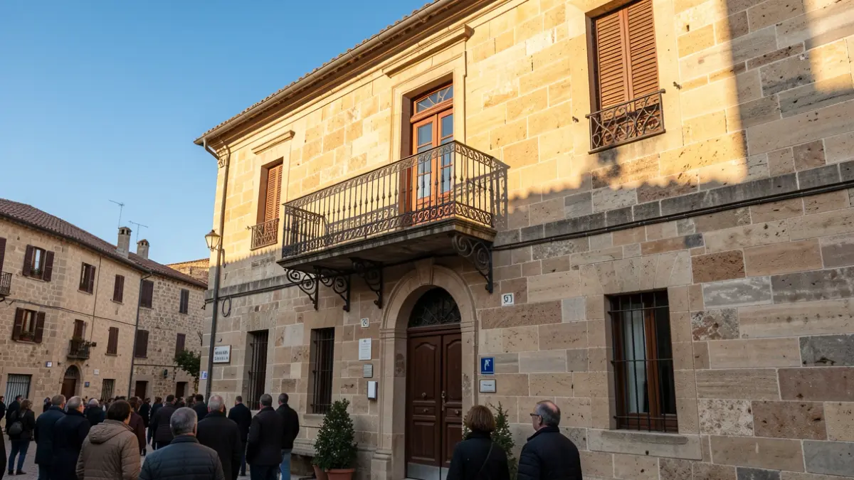 Fachada de un ayuntamiento andaluz de piedra con balcón de hierro forjado, bajo la luz del sol de la tarde.