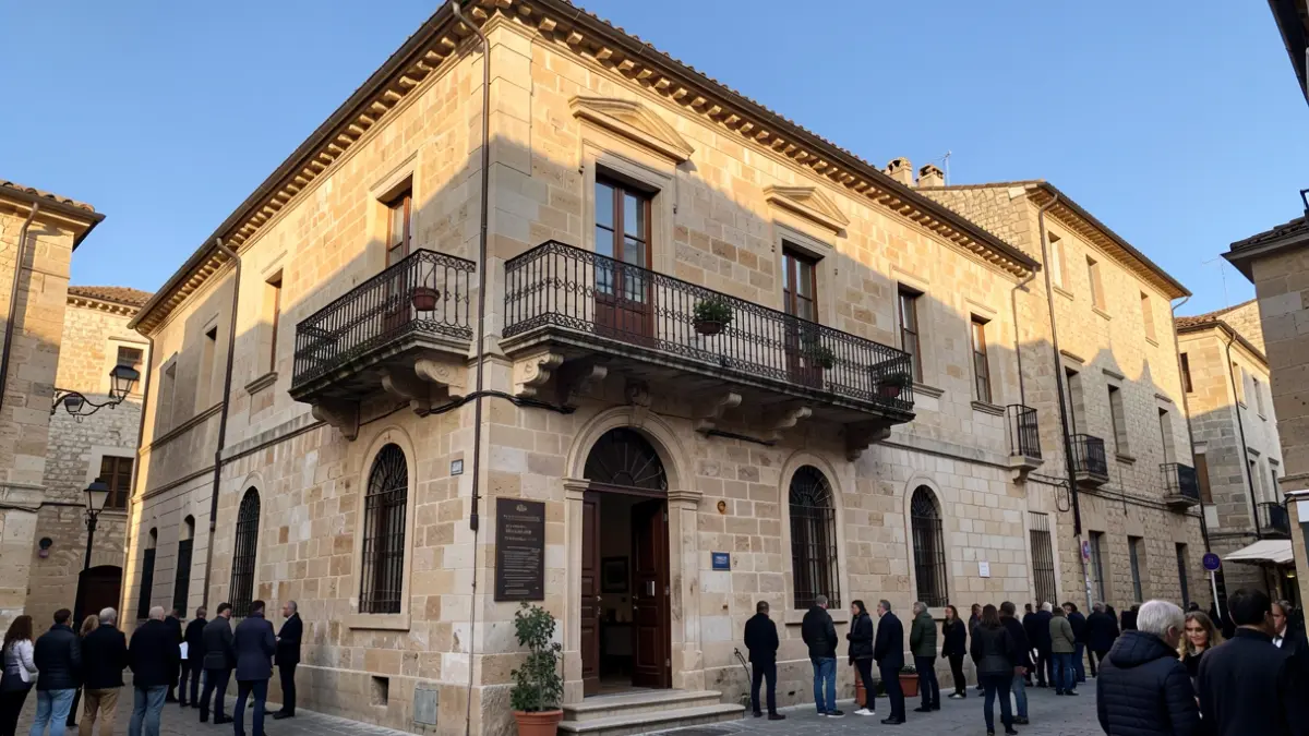 Fachada de un ayuntamiento tradicional de Almería con balcón y barandillas de hierro, luz cálida de la tarde.