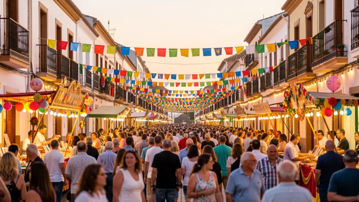 Imagen genérica de una feria andaluza con ambiente festivo y arquitectura tradicional.
