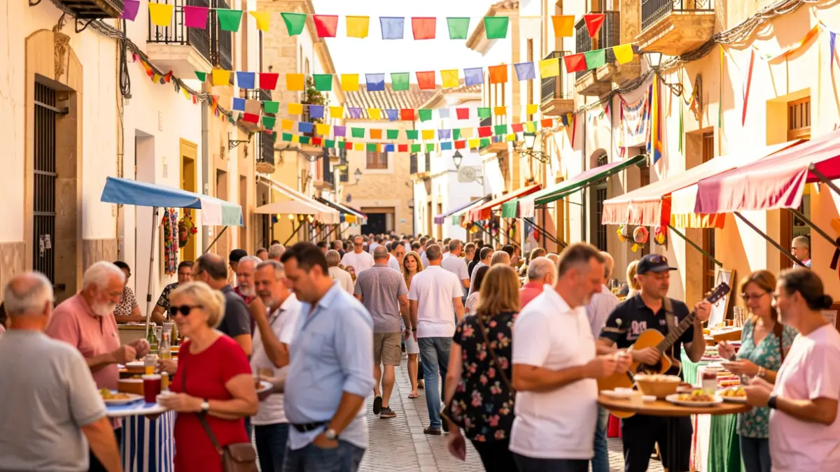 Imagen de la Feria del Mediodía en Almería con decoración festiva y ambiente animado.