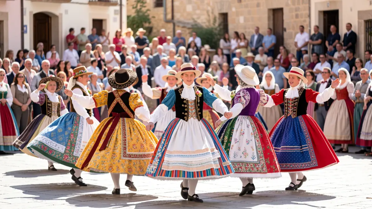 Imagen de bailarines con trajes tradicionales almerienses actuando en la Puerta de Purchena.