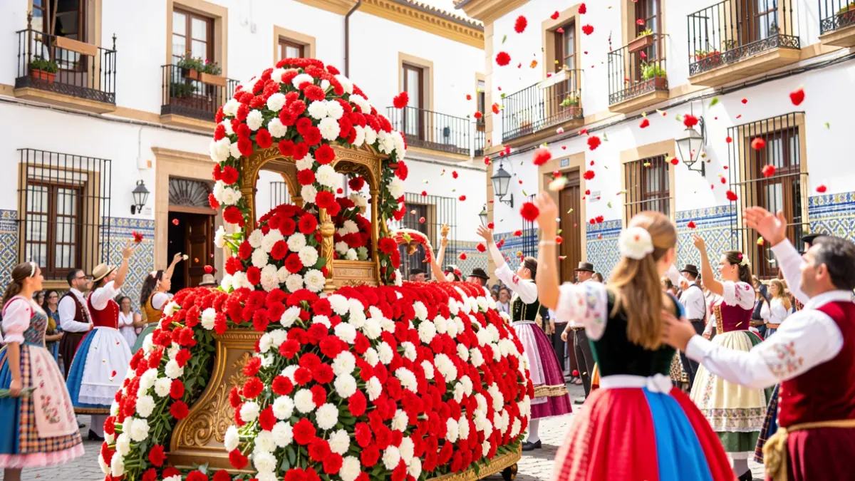 Float adorned with thousands of red and white carnations during the Battle of Flowers in an Andalusian square.