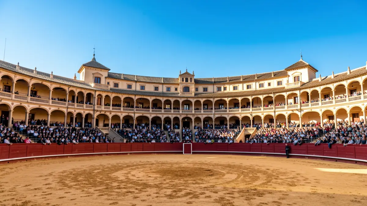 Plaza de toros de Almería con gradas y arena bajo un cielo azul.