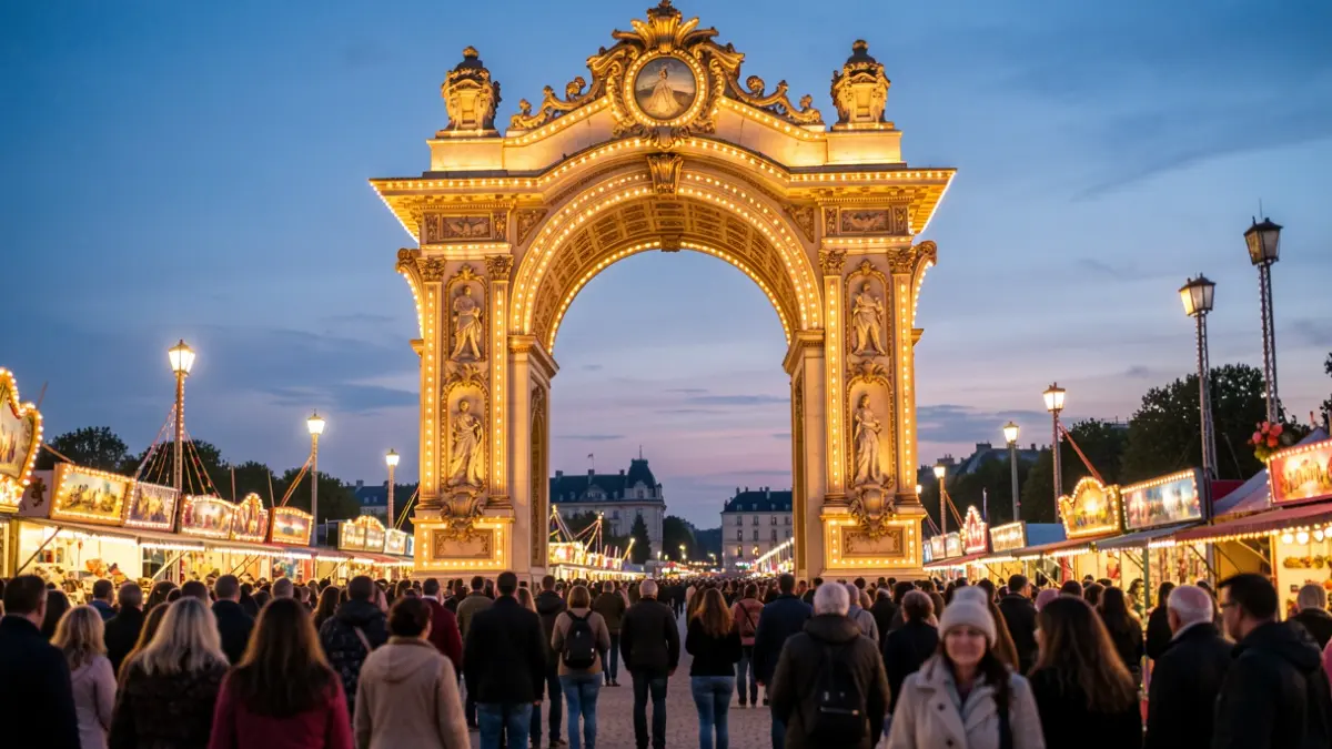 Monumental entrance arch of the Almería Fair, inspired by the Casa de las Mariposas, illuminated at dusk.