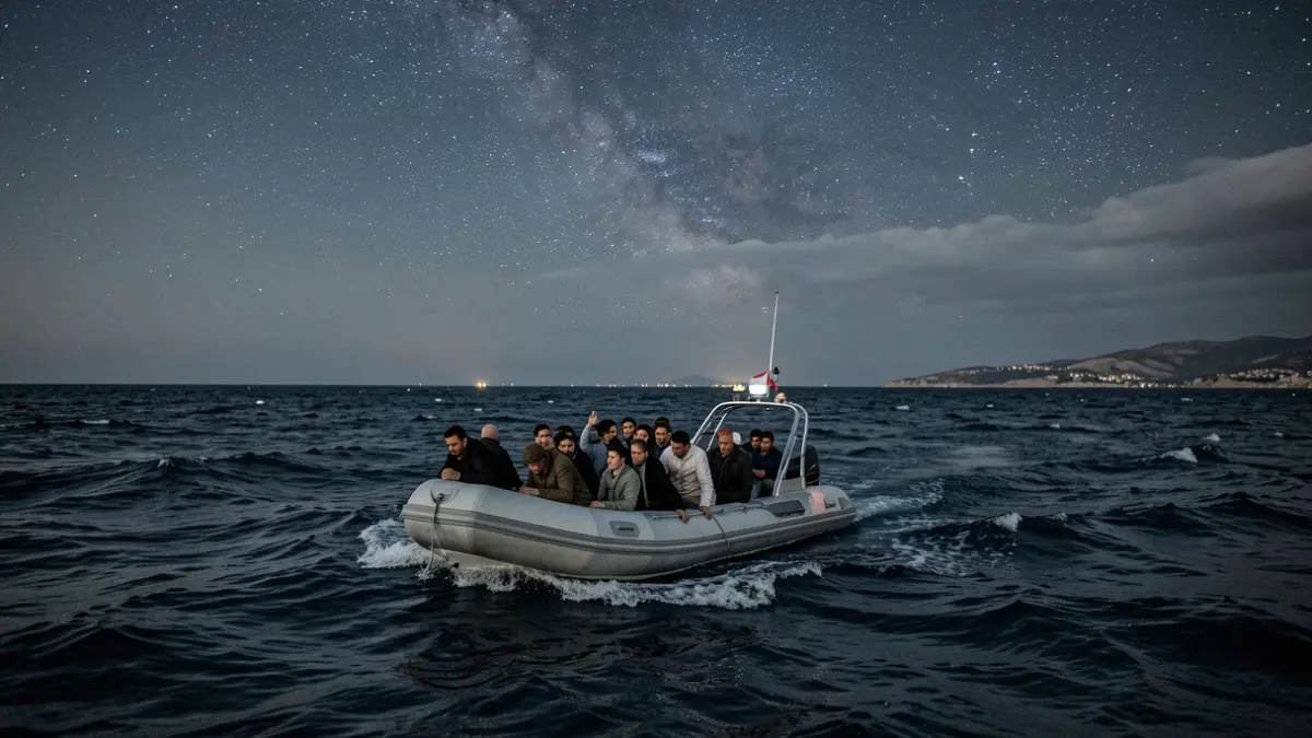 Embarcación precaria con inmigrantes cruzando el mar Mediterráneo de noche.