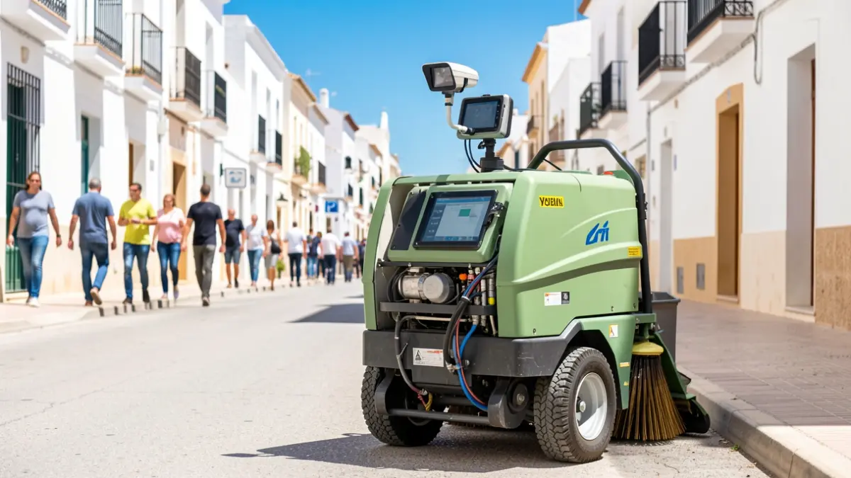 Street cleaning cart with GPS technology on a sunny street in Almería.