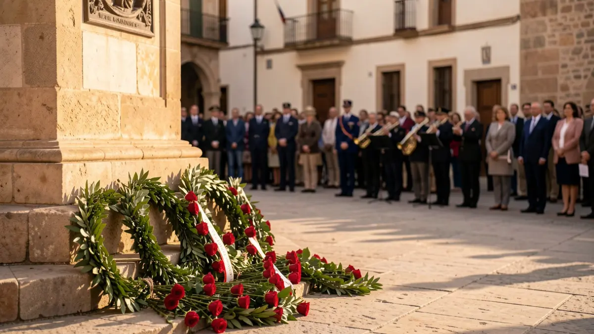 Imagen de un acto de homenaje en la Plaza Vieja de Almería con un monumento conmemorativo.