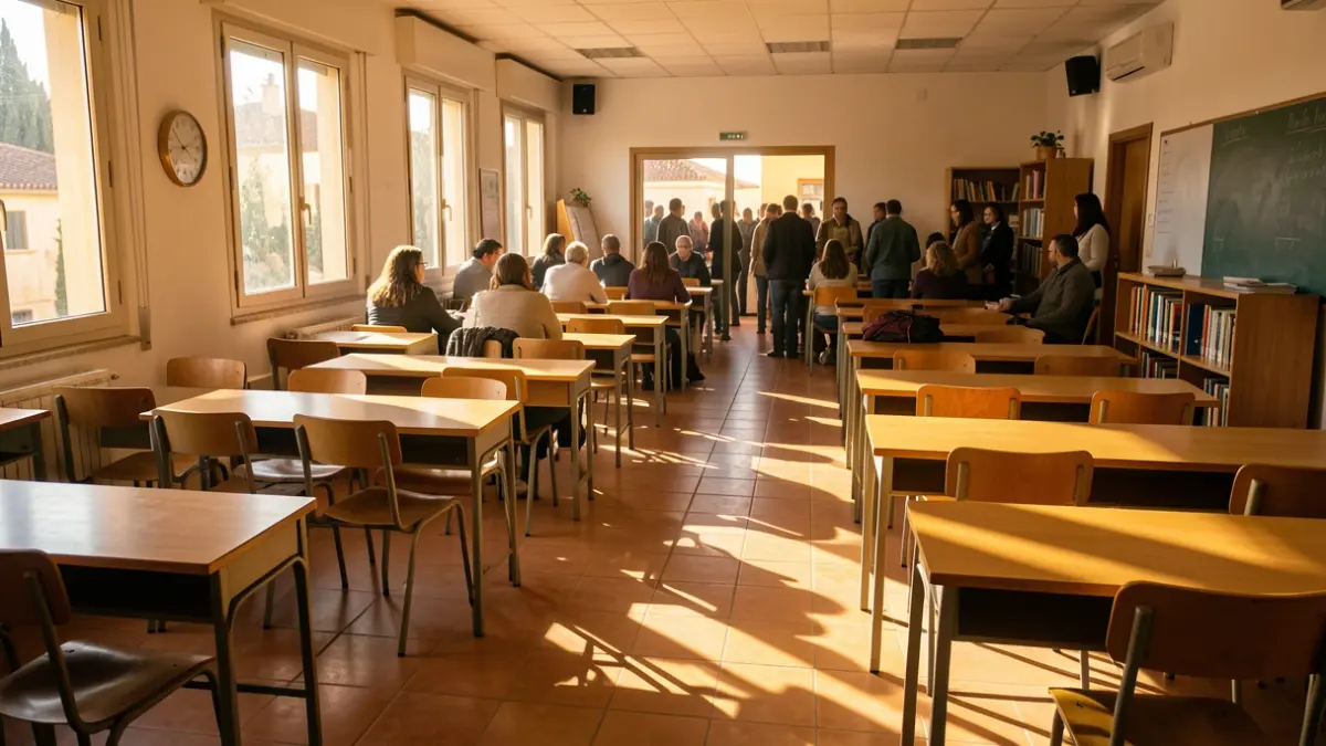 Imagen genérica de un aula vacía en Andalucía con luz solar.