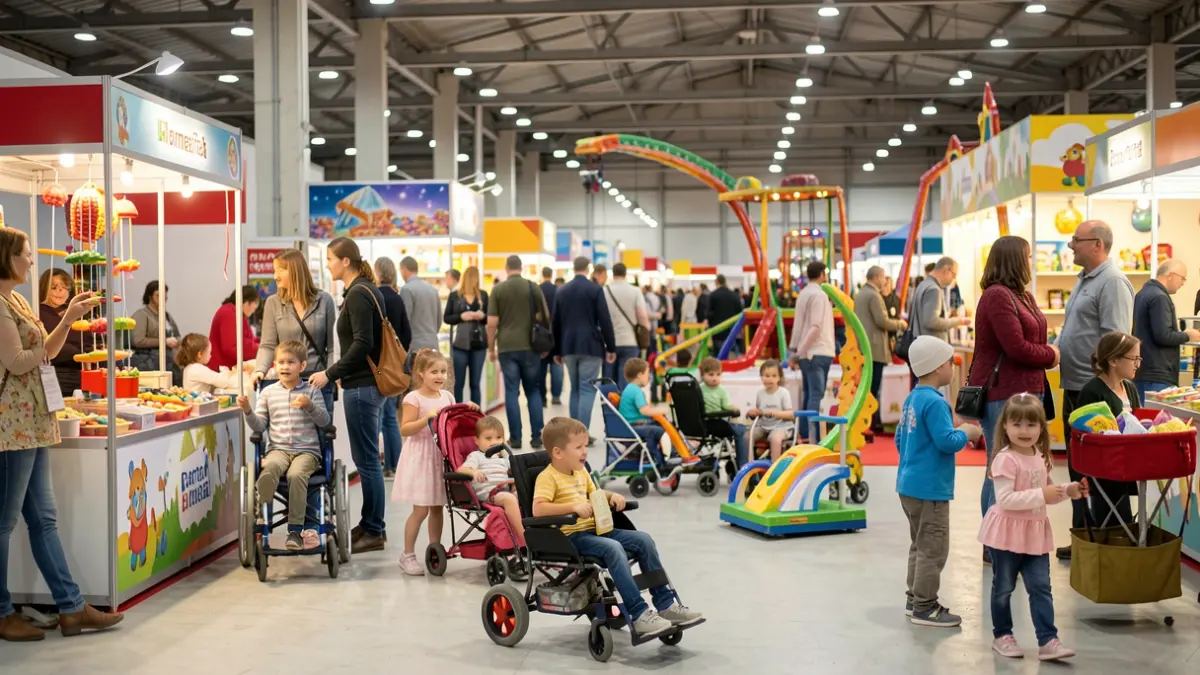 Imagen de la Feria de Almería con atracciones adaptadas para niños con capacidades diferentes, luces fijas y ambiente inclusivo.