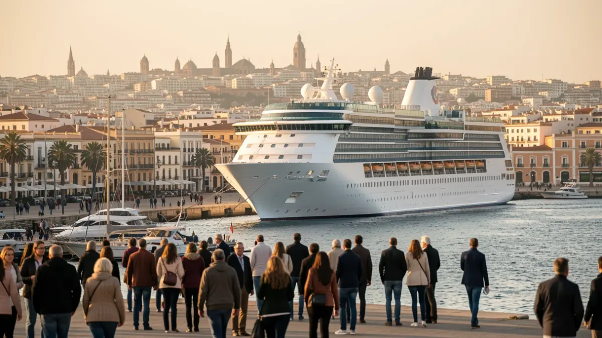 Un crucero atracado en un puerto andaluz al atardecer.