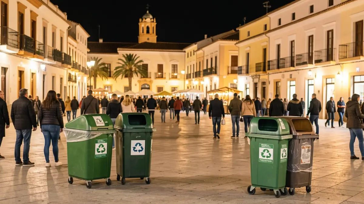 Generic image of a clean, well-lit public square during a night festival in Almería, with trash cans and recycling points.