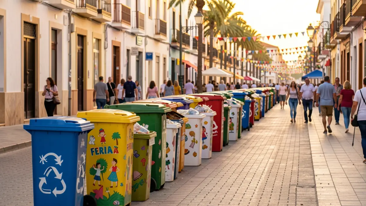 Imagen de la Feria de Almería con numerosos puntos de recogida de residuos y reciclaje en las calles.