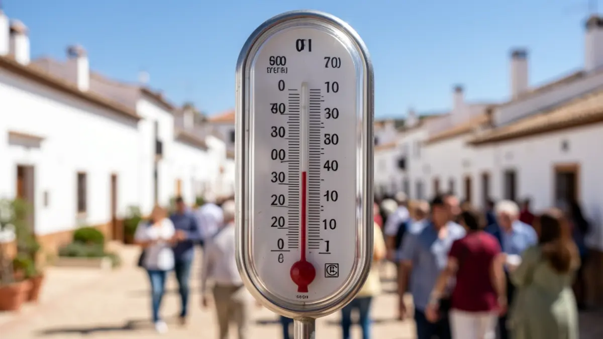 Generic image of a thermometer showing high temperature in an Andalusian landscape.