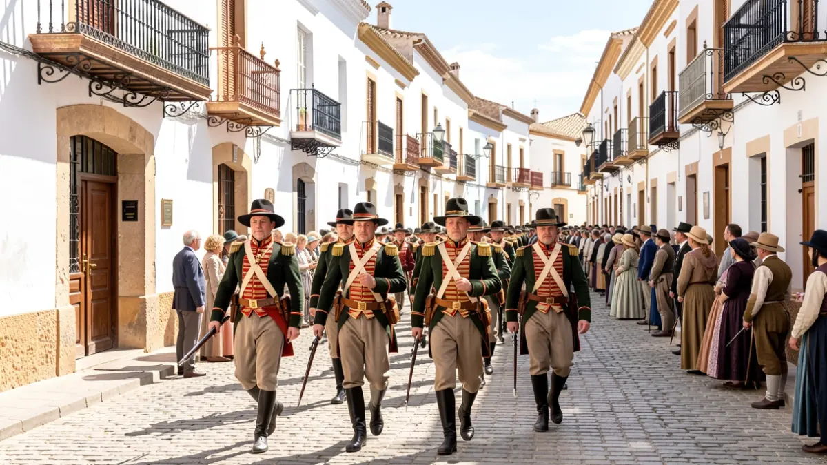 Recreación histórica de 'Los Coloraos' en Almería, con actores vestidos de época marchando por calles históricas.