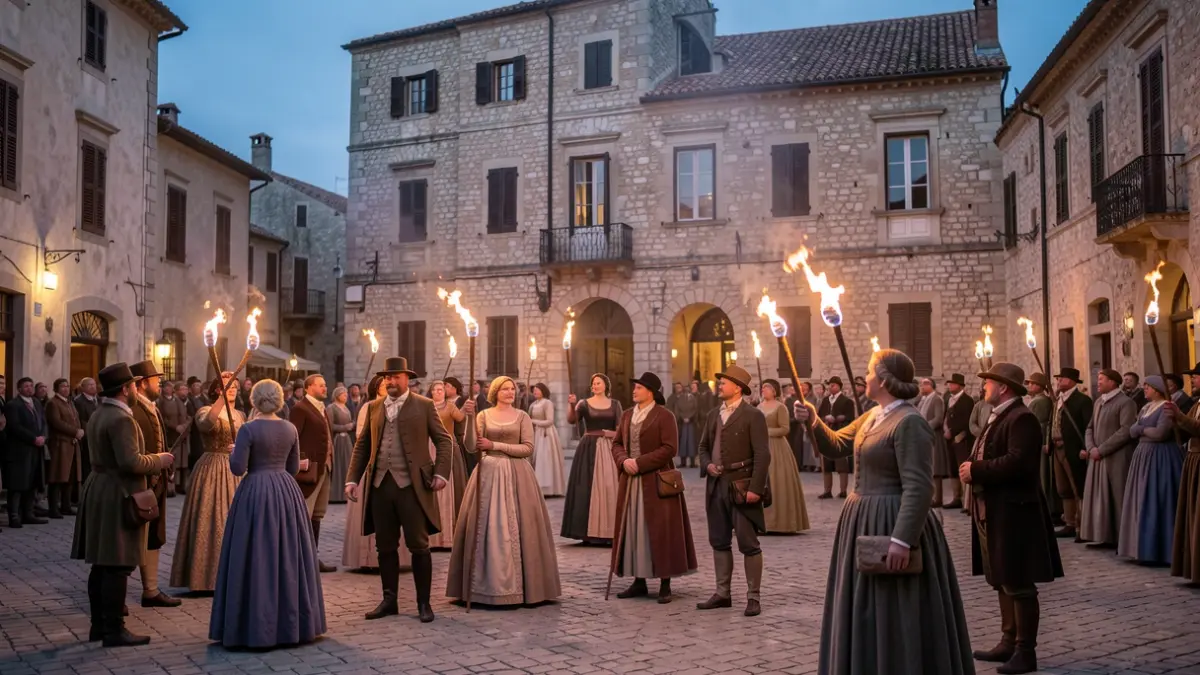 Recreación histórica de 'Los Coloraos' en la Plaza Vieja de Almería al atardecer.