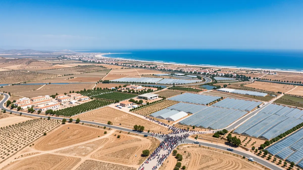 Vista aérea de la provincia de Almería, España, mostrando paisajes áridos, invernaderos y la costa.