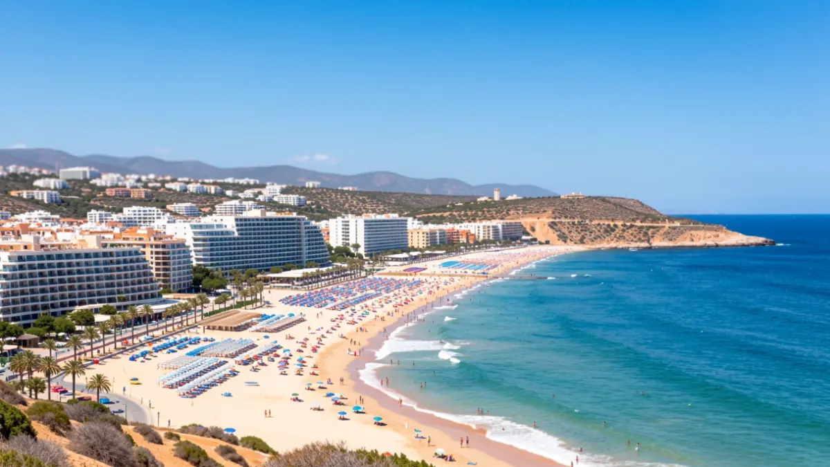 Vista panorámica de la costa de Almería con playas y hoteles.