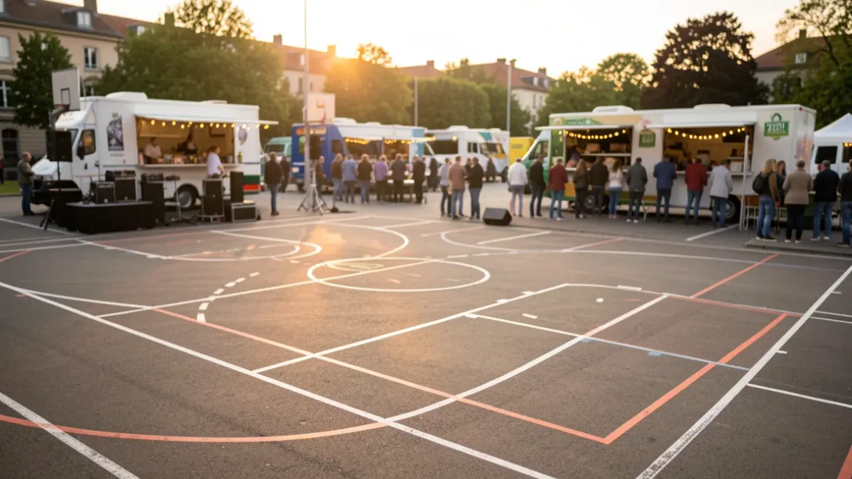 FIBA basketball court set up in an outdoor parking lot for a sports tournament.