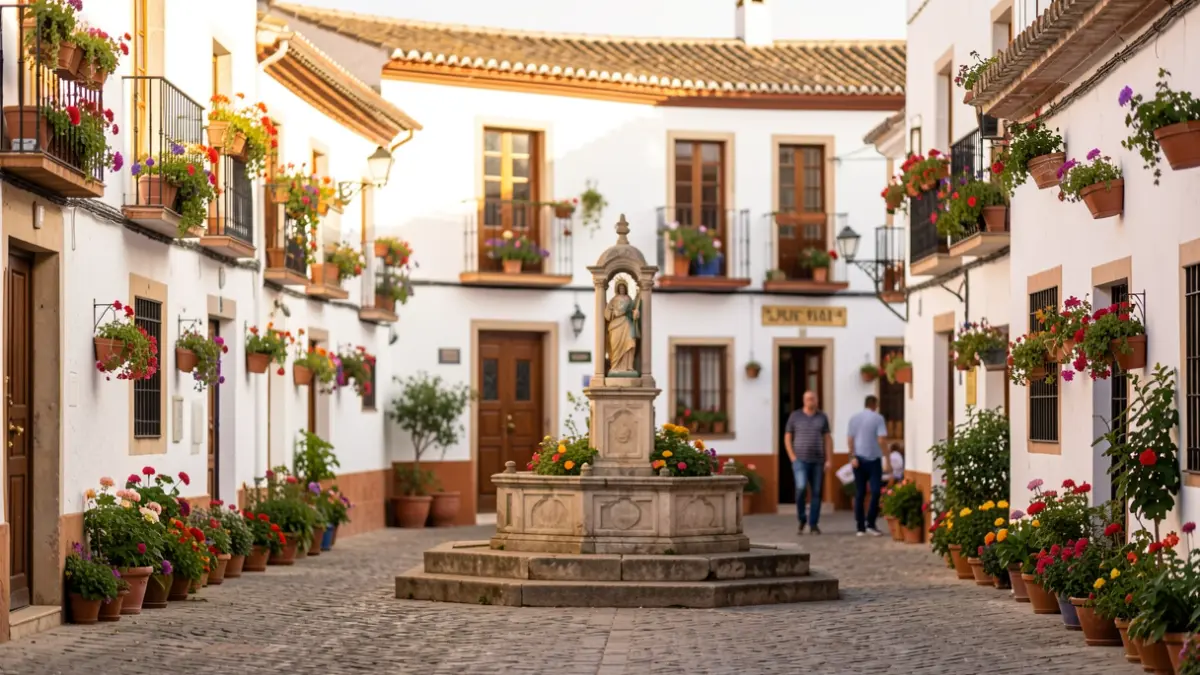 Andalusian town square with white-washed buildings and flower pots, under the afternoon sunlight.