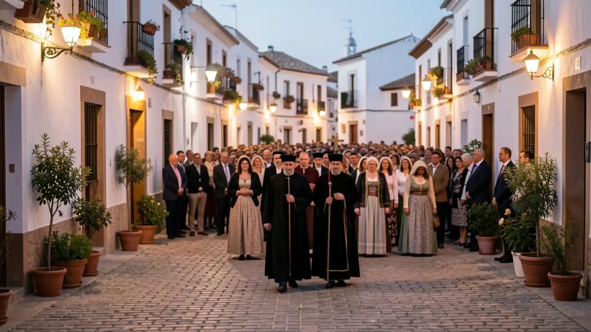 Generic image of a religious procession in an Andalusian village square at dusk.