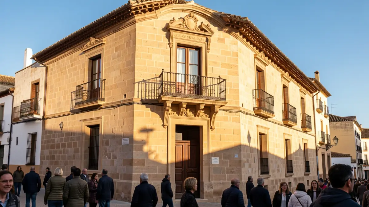 Fachada de un ayuntamiento andaluz con balcón y barandillas de hierro, luz de tarde.