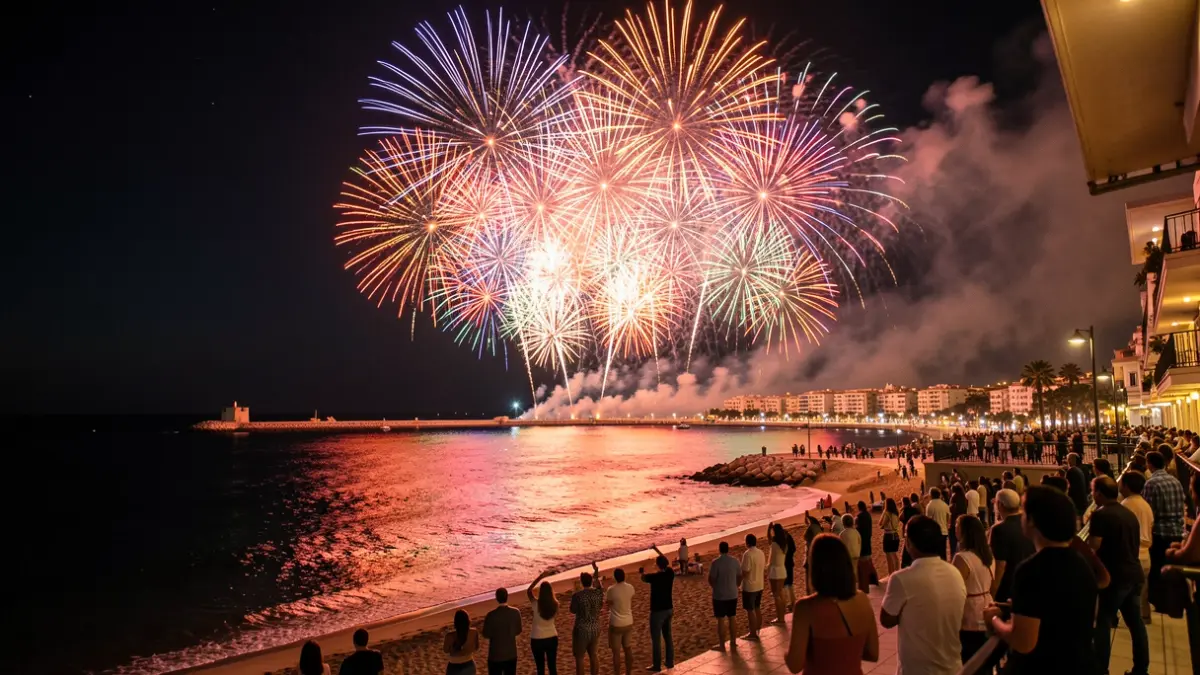 Espectacular piromusical nocturno sobre el mar Mediterráneo en Almuñécar, con la costa iluminada y gente observando desde playas y balcones.