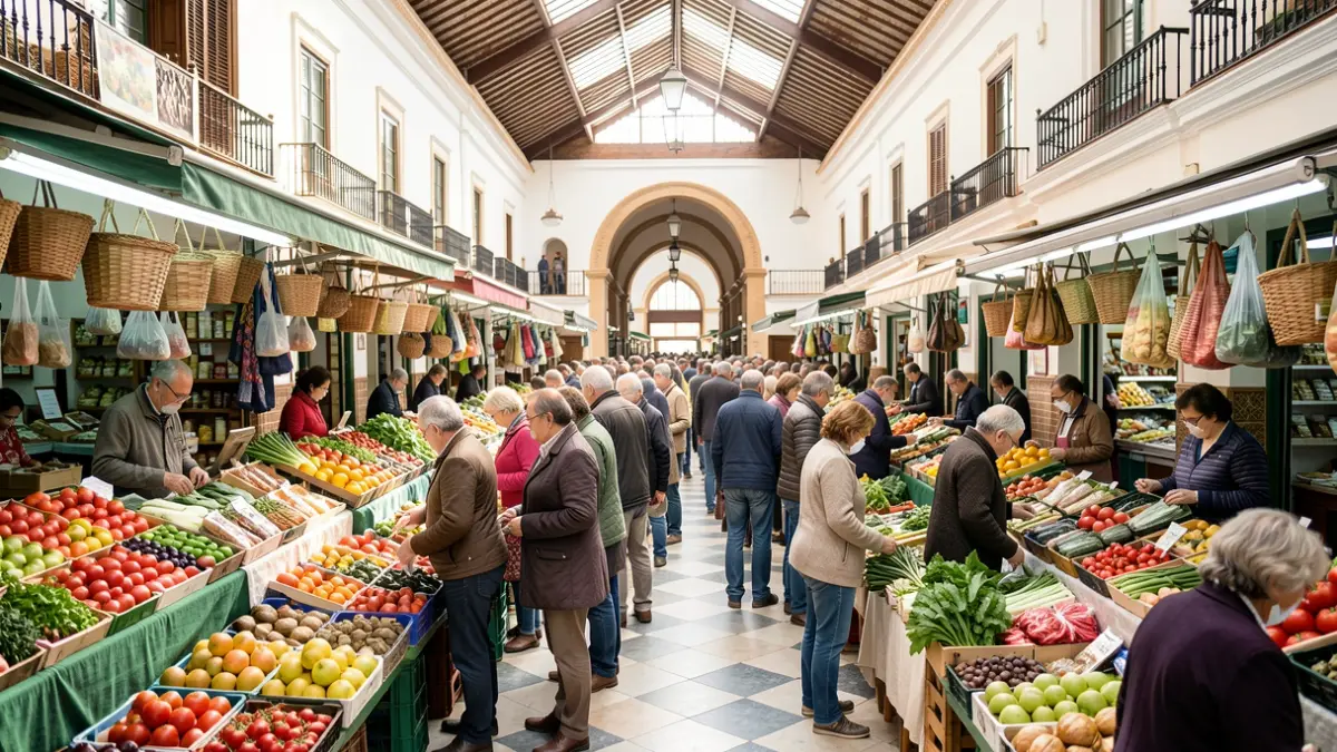 Generic image of a bustling Andalusian municipal market with fresh produce stalls and a lively atmosphere.