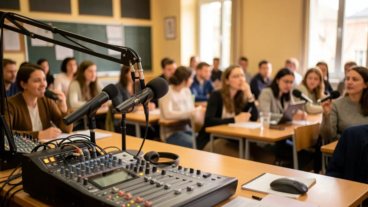 Imagen genérica de un estudio de radio con alumnos participando.