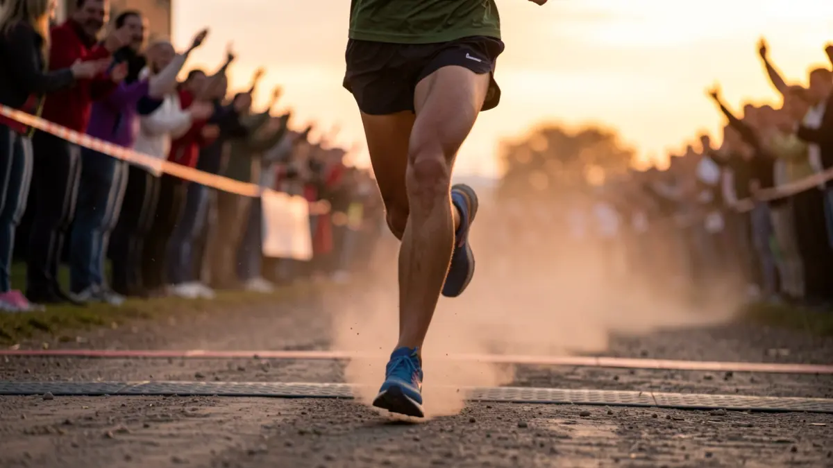 Runner's feet crossing the finish line in a popular race at dusk.