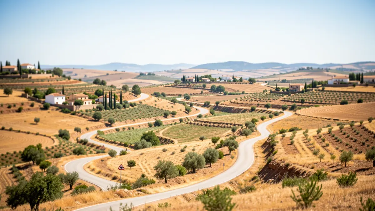 Imagen genérica de un paisaje andaluz con carreteras y casas bajo el sol.