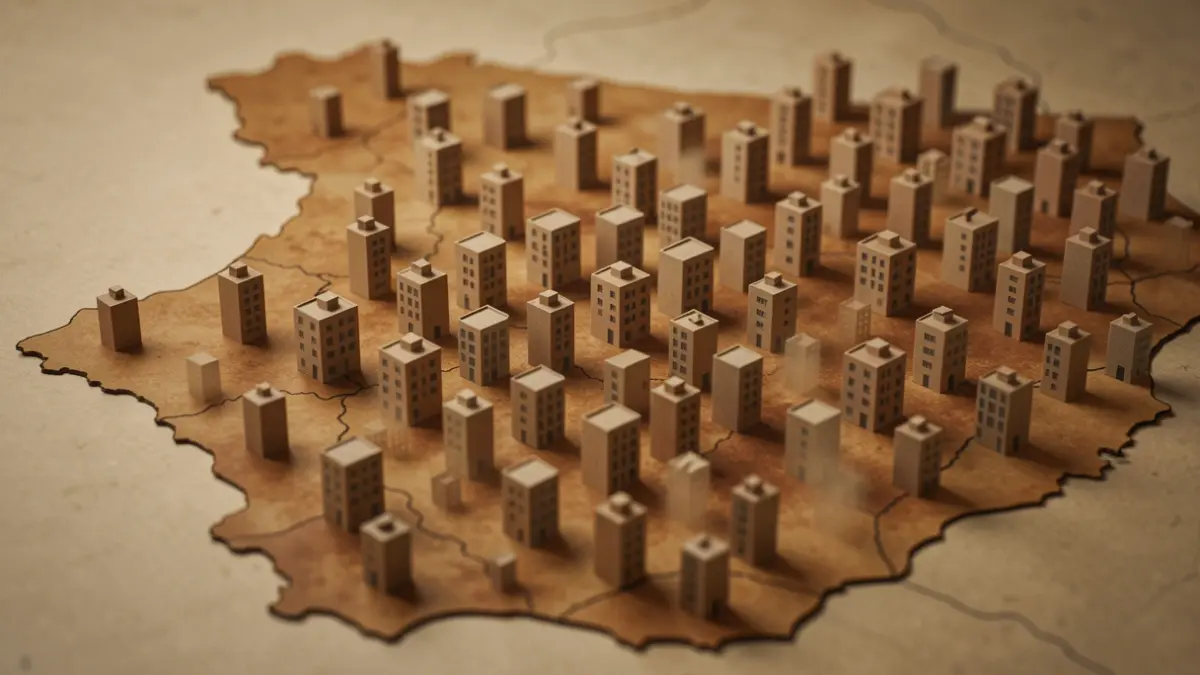 Symbolic representation of the loss of protected housing in Andalusia, with fading building icons.