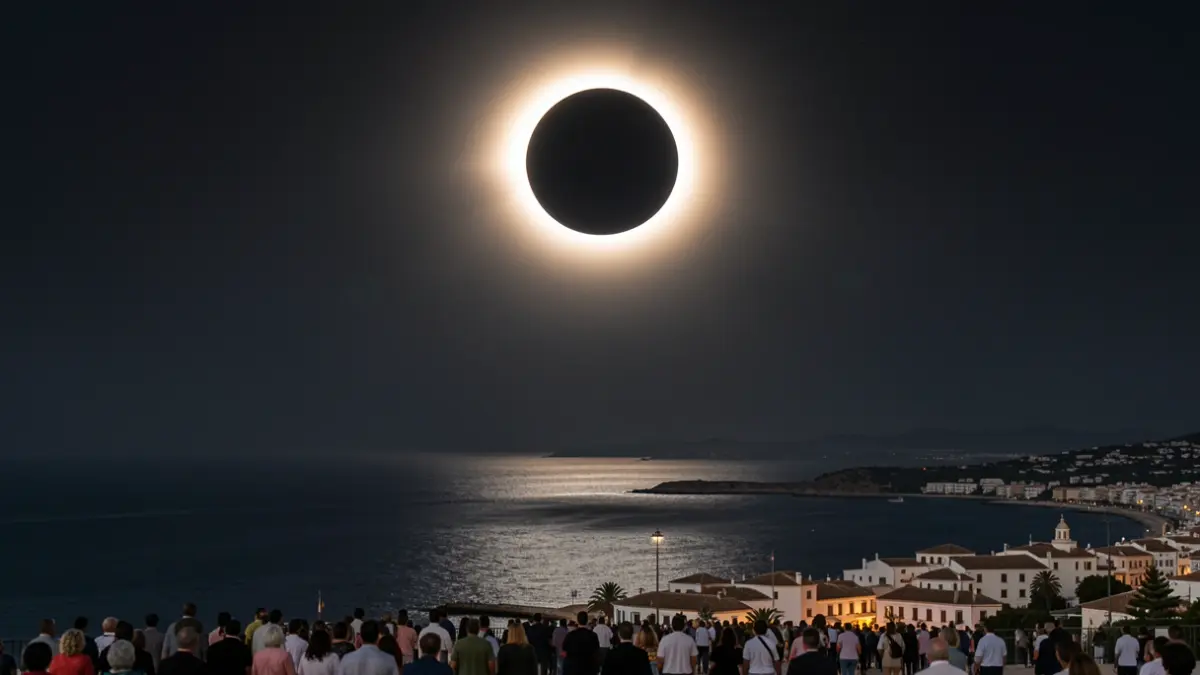 Imagen de un eclipse solar total sobre la costa sur de Andalucía, con el mar Mediterráneo y arquitectura andaluza.