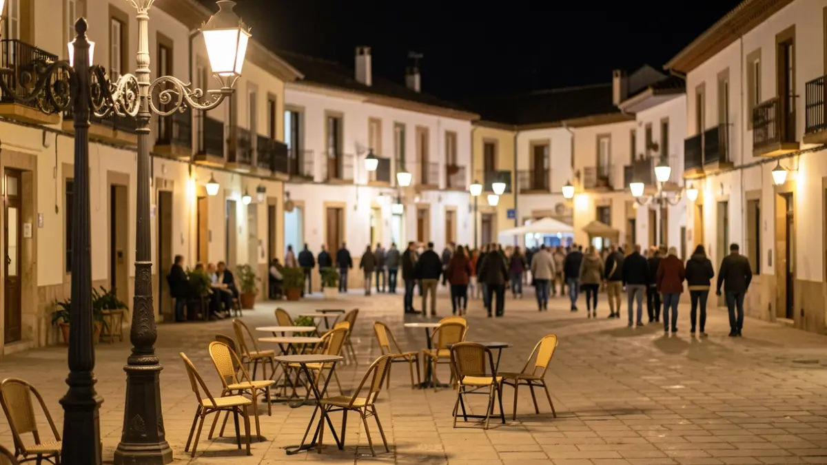 Generic image of an Andalusian town square at night with streetlights.