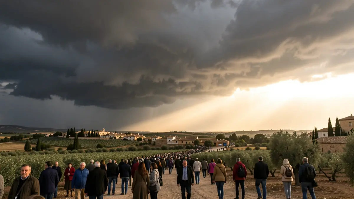Cielo amenazante con nubes de tormenta y sol intenso sobre el paisaje andaluz.