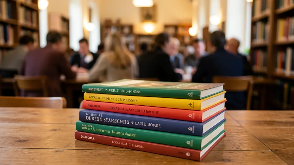 Generic image of textbooks stacked on a wooden table.