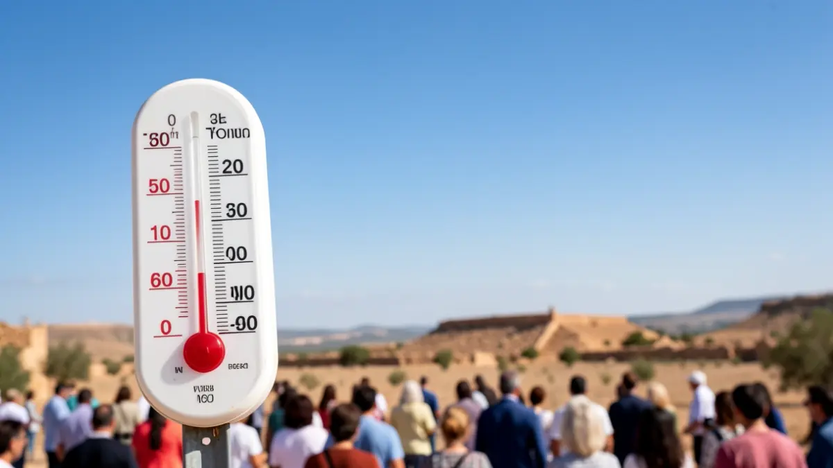 Termómetro marcando alta temperatura con cielo azul y paisaje árido andaluz de fondo.