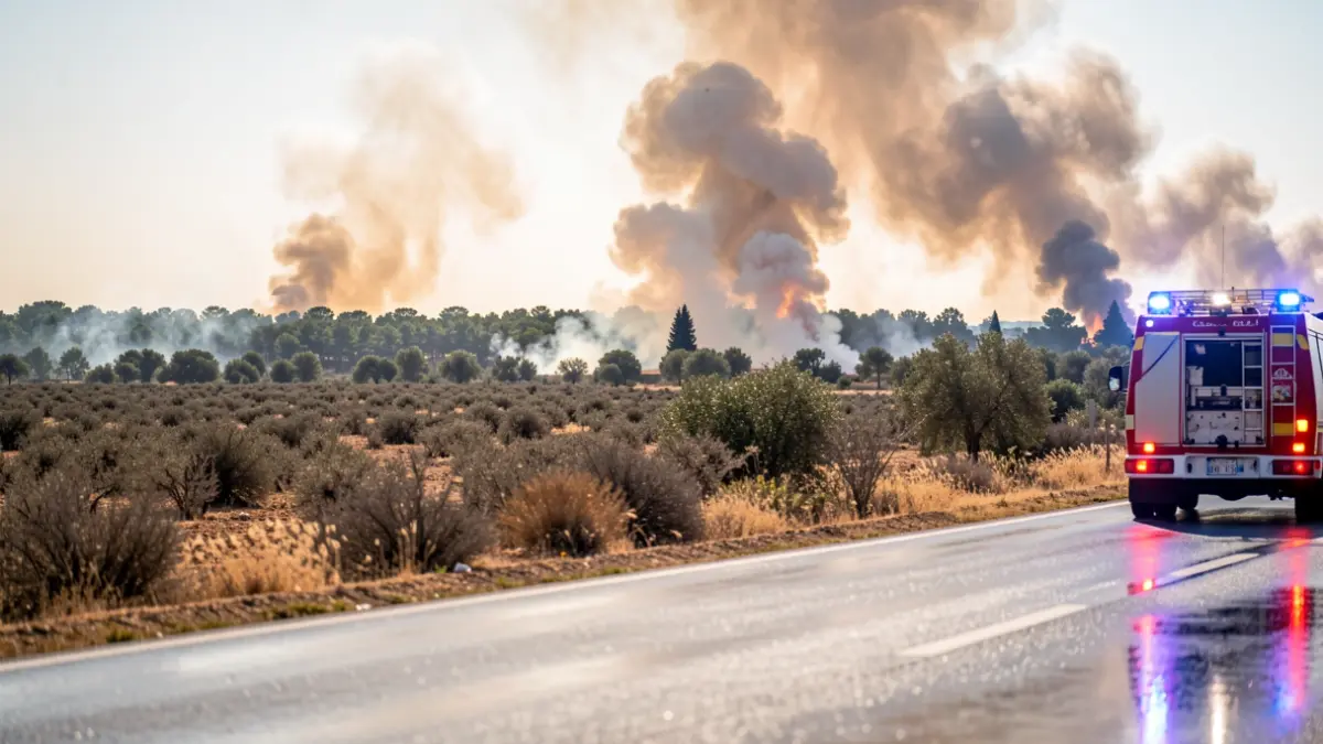Image of smoke from a forest fire in Andalucía with emergency lights.