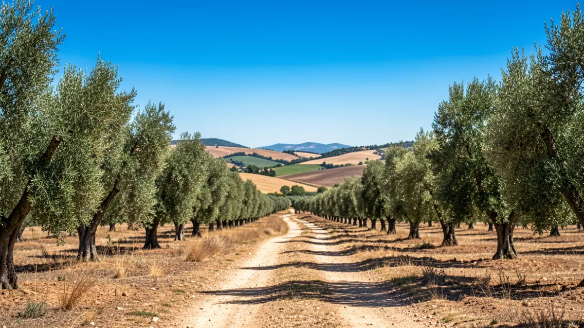 Generic image of livestock routes in Andalusia, rural paths among olive groves under a blue sky.
