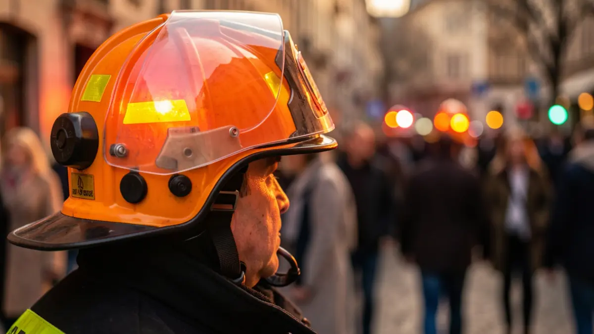 Close-up of a firefighter's helmet with blurred emergency lights in the background.