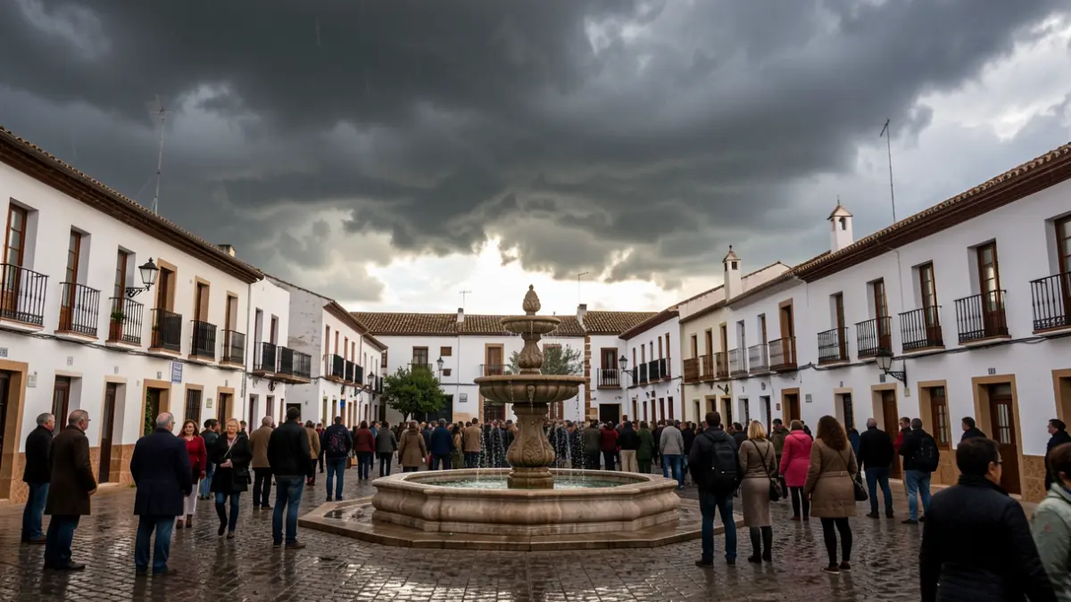 Generic image of storm clouds over an Andalusian square.